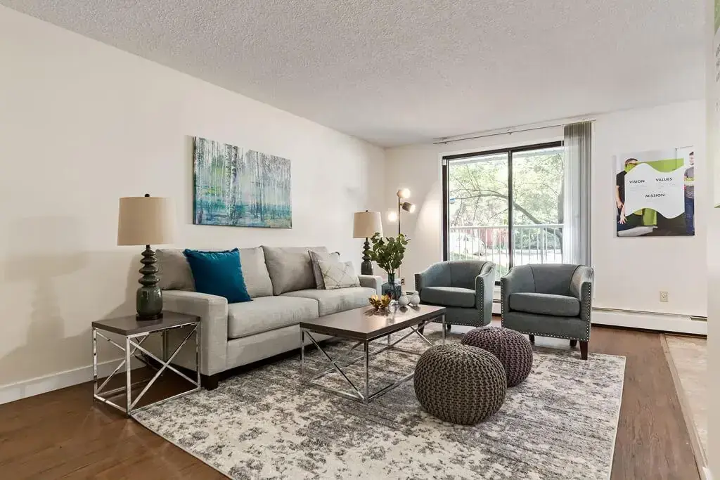 Inviting living room space at Hudson Court in Edmonton.