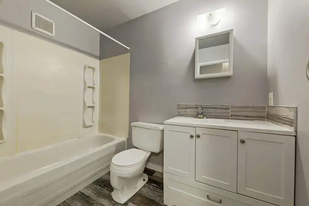 Apartment bathroom with tub and shower at Lenita Manor in Edmonton.