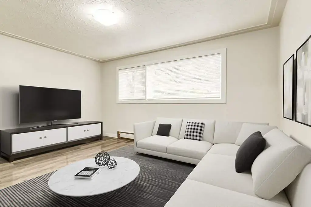 Inviting living room space at Phelips Apartments in Edmonton.