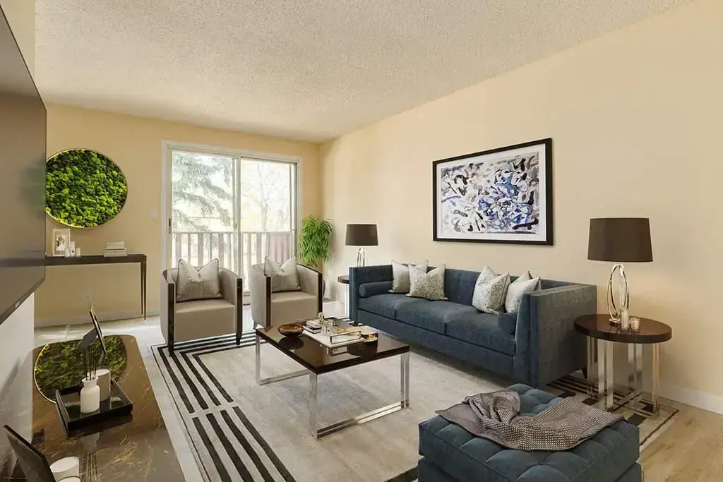 Bright living room with large windows at Gerard Estates in Wetaskiwin.