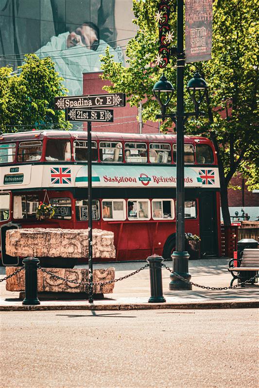 Image of double-decker bus in downtown Saskatoon.