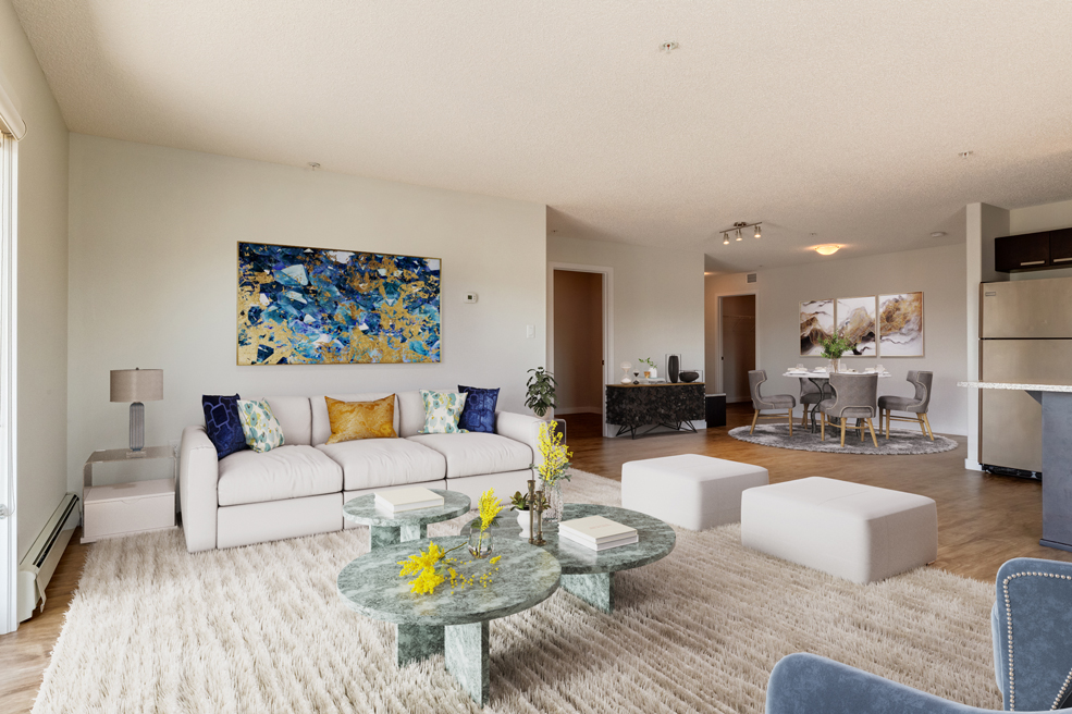 Image of a couch and coffee table at Avalon Court. 
