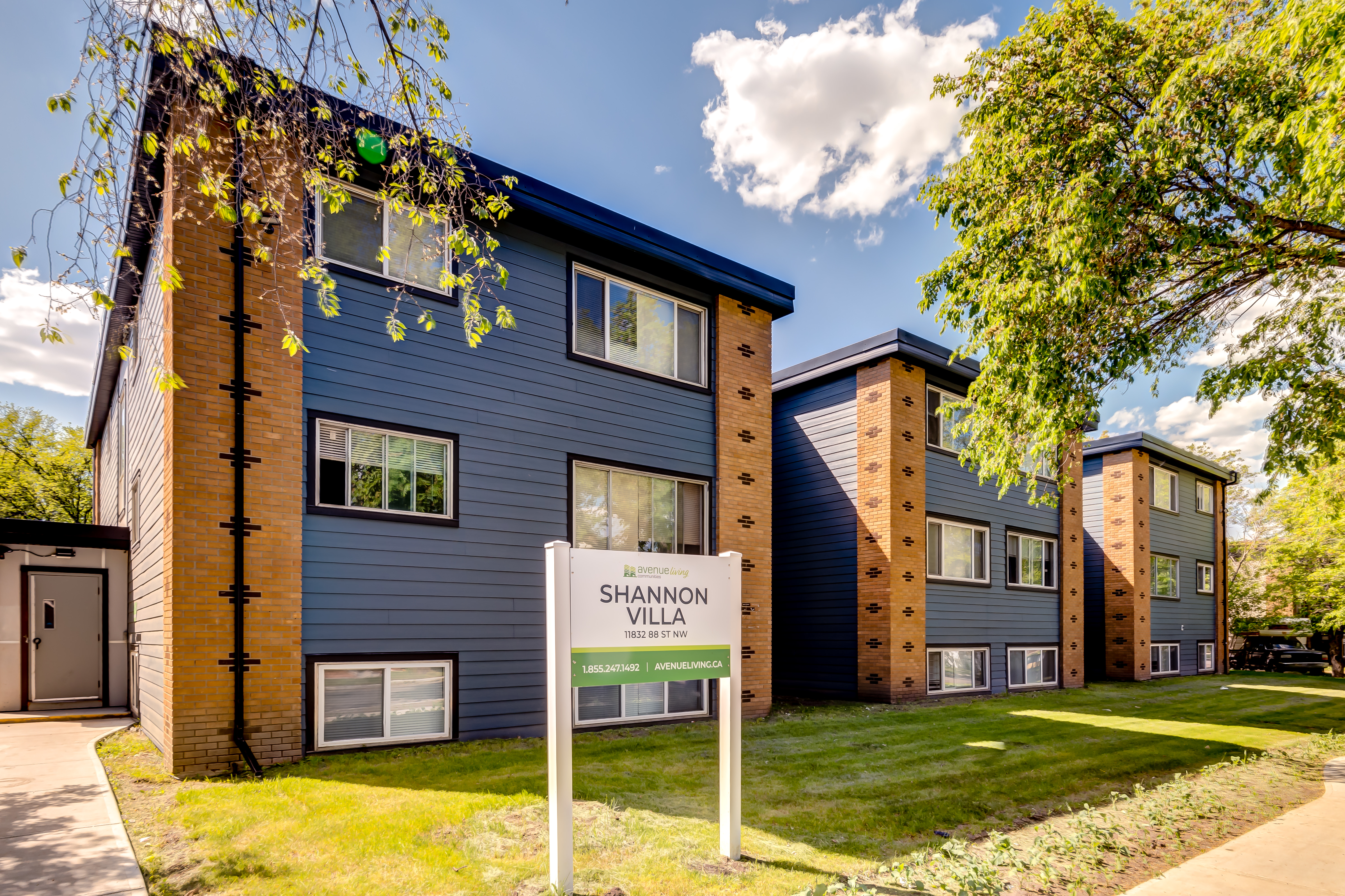 Outside look at Shannon Villa that you can rent under $1,100 in Edmonton, Alberta.