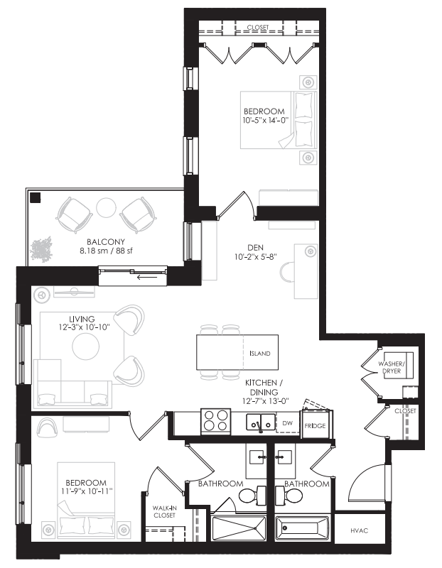 Victoria - 2 Bedroom +DEN - 1,063 Sq.Ft Floorplan