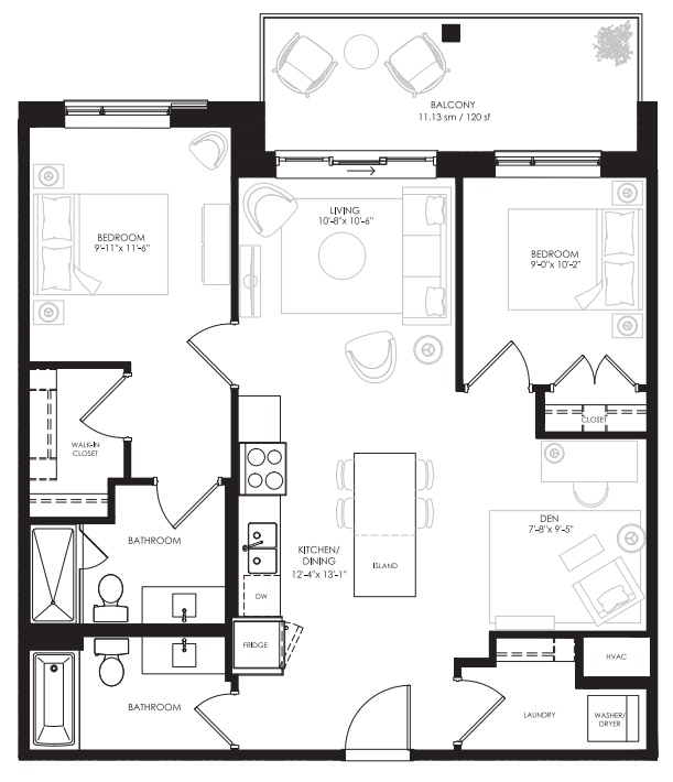 Riverwalk - 2 Bedroom +DEN - 957 Sq.Ft Floorplan