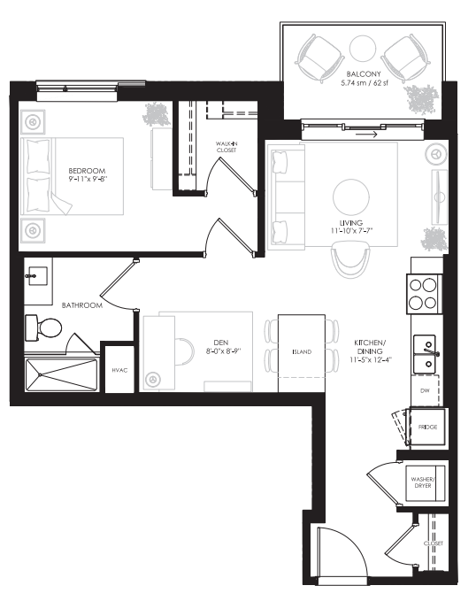 Elgin - 1 Bedroom +DEN - 675 Sq.Ft Floorplan