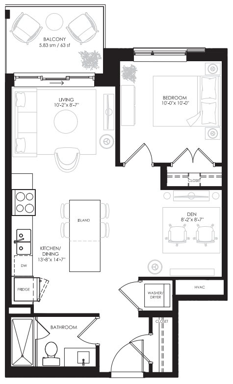 Blair - 1 Bedroom +DEN - 636 Sq.Ft Floorplan