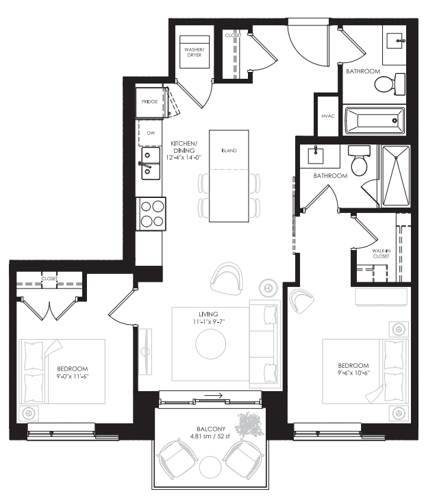 Oakridge - 2 Bedroom - 805 Sq.Ft Floorplan