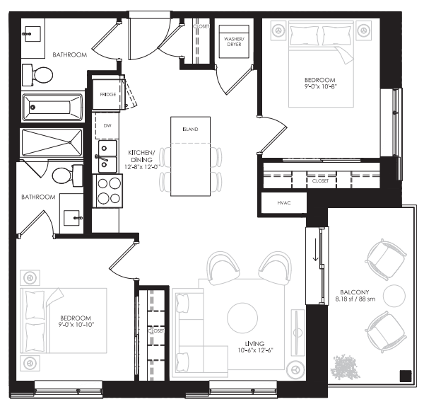 Market - 2 Bedroom - 790 Sq.Ft Floorplan