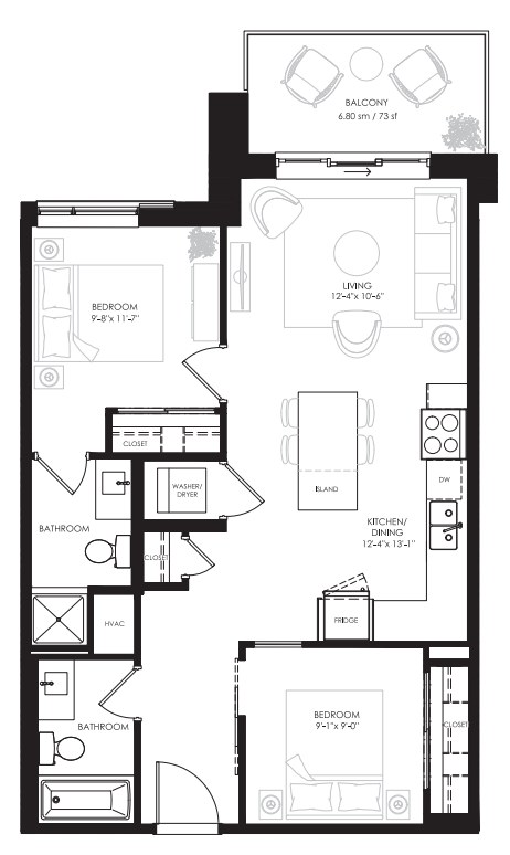 Langdon - 2 Bedroom - 785 Sq.Ft Floorplan