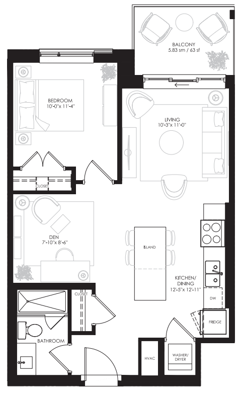 Carlisle - 1 Bedroom +DEN - 659 Sq.Ft Floorplan