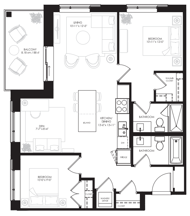 Preston - 2 Bedroom +DEN - 936 Sq.Ft Floorplan