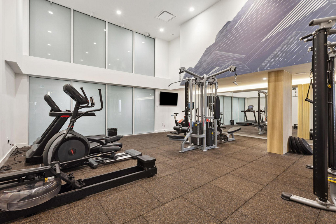 Victor_Gym_1 Residential gym amenity room with mountain mural, large mirrors, and large variety of fitness equipment