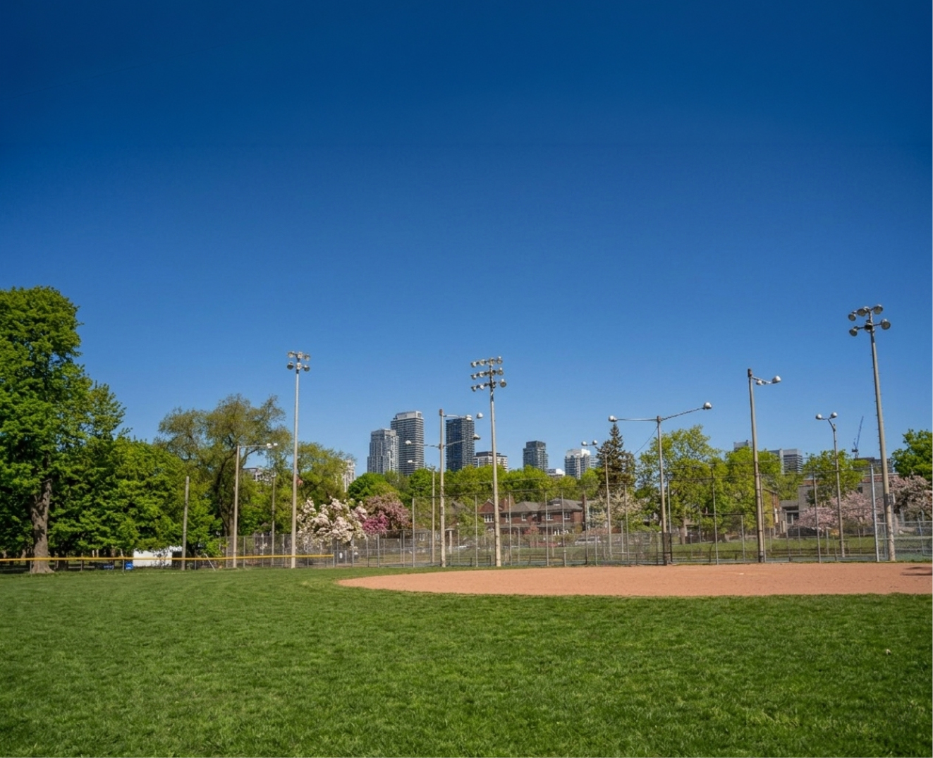 Baseball diamond in a park with a skyline in the background