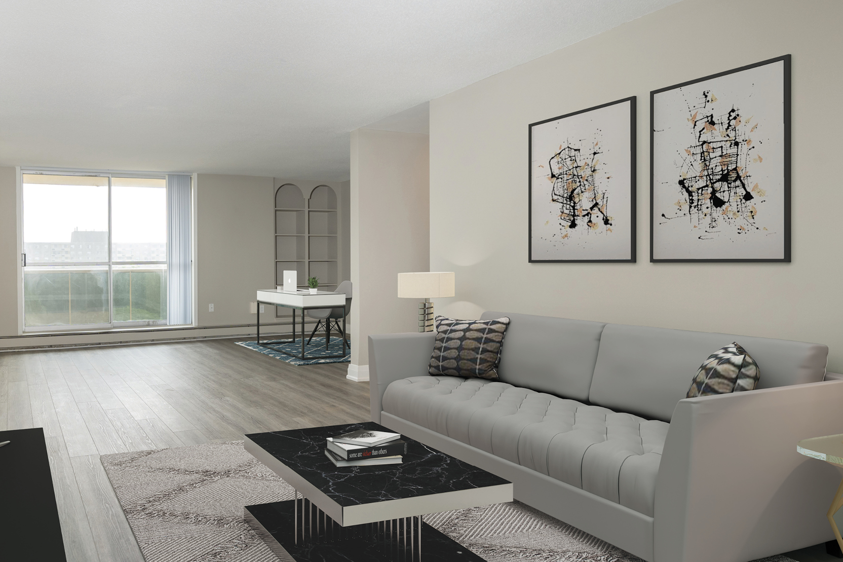 A living room with a couch and a coffee table