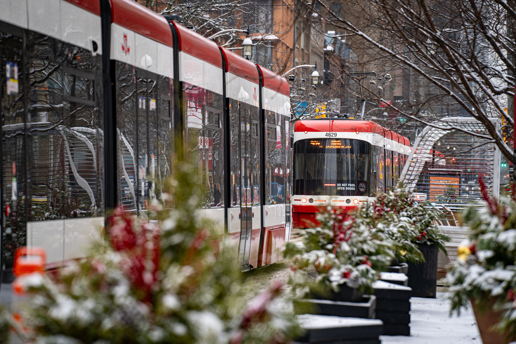 Toronto TTC streetcar on snowy winter day in urban neighborhood with residential buildings