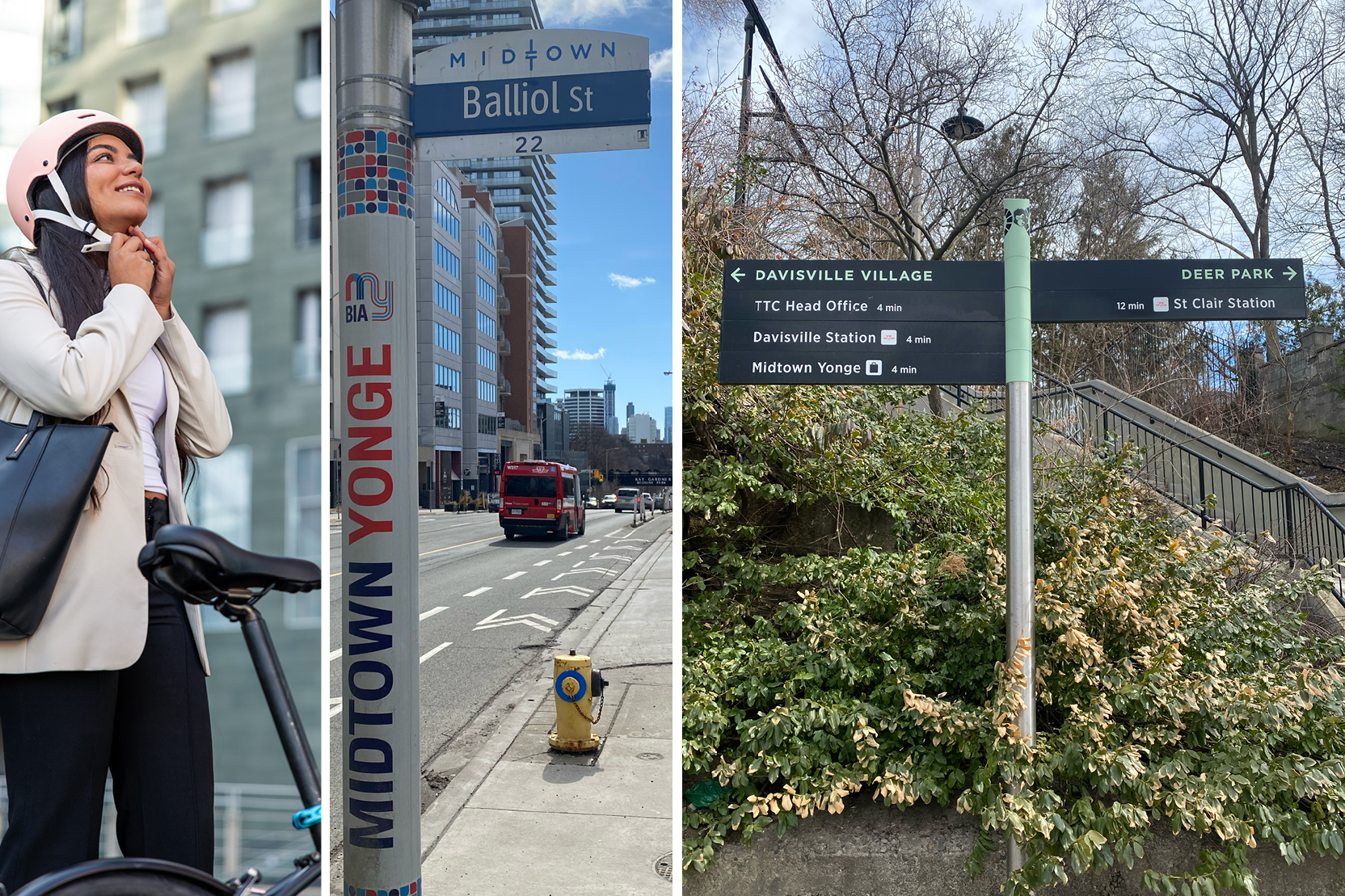 Collage of a cyclist, a street post, and a neighbourhood wayfinding sign