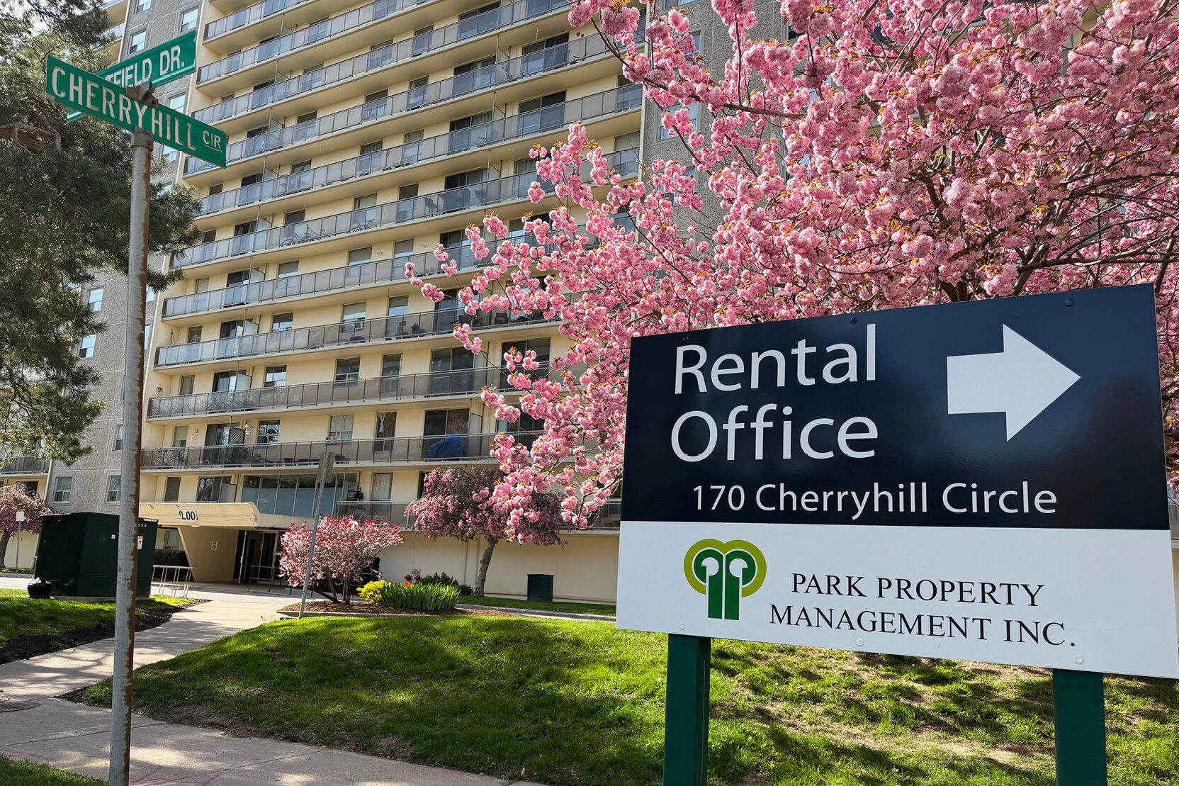 Park Property Management rental office sign with cherry blossoms in spring