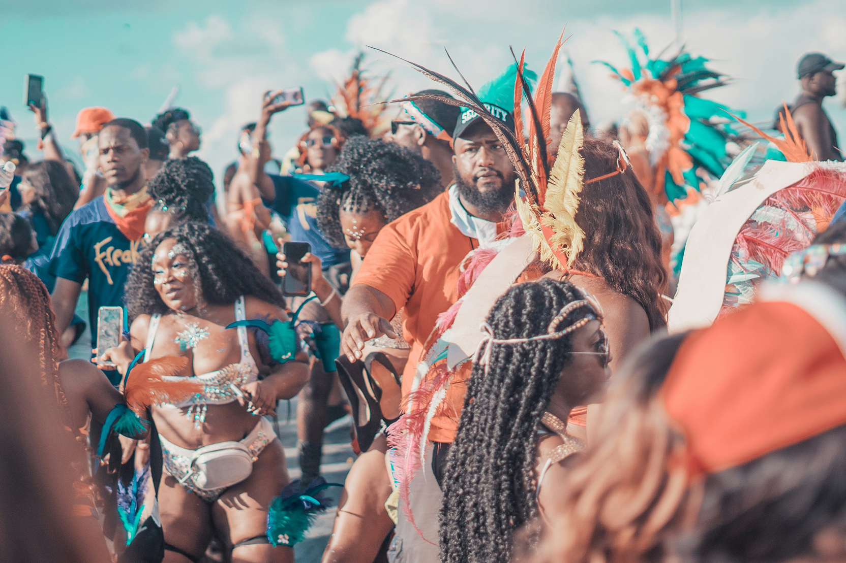 Performers in costumes at a Caribbean street festival