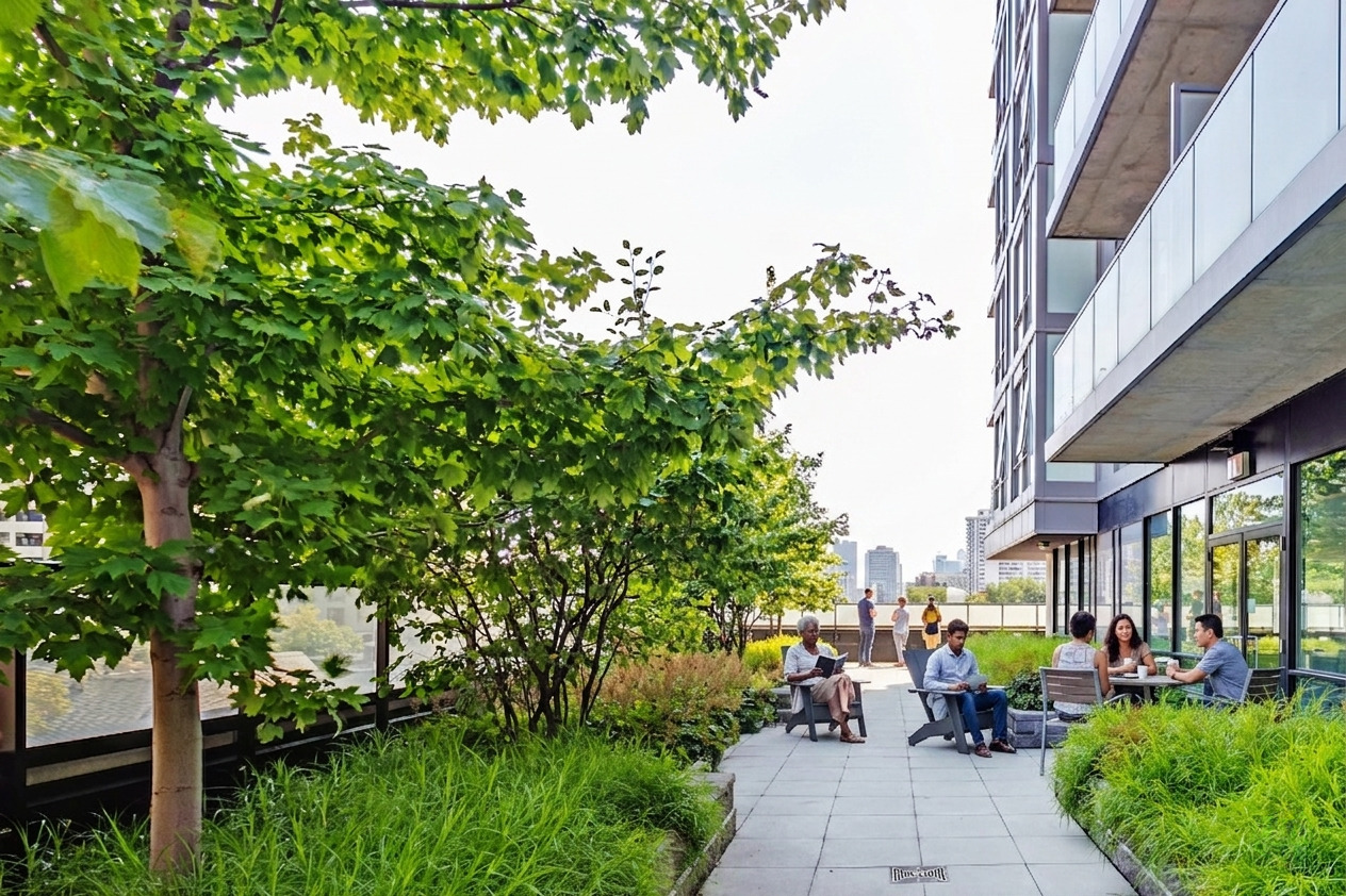Residents relaxing on a landscaped terrace at 66 Isabella St