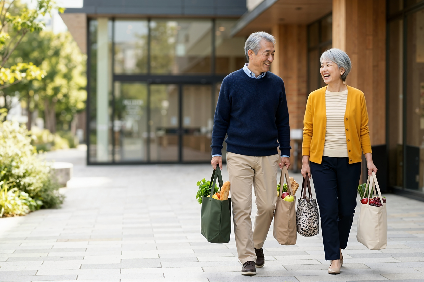A smiling older couple carrying grocery bags outside a modern residential building.