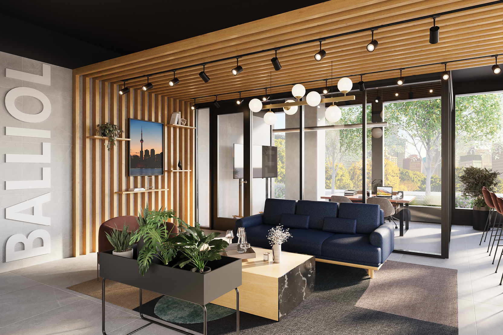 Co-working lounge with sofa, coffee table at 235 Balliol.