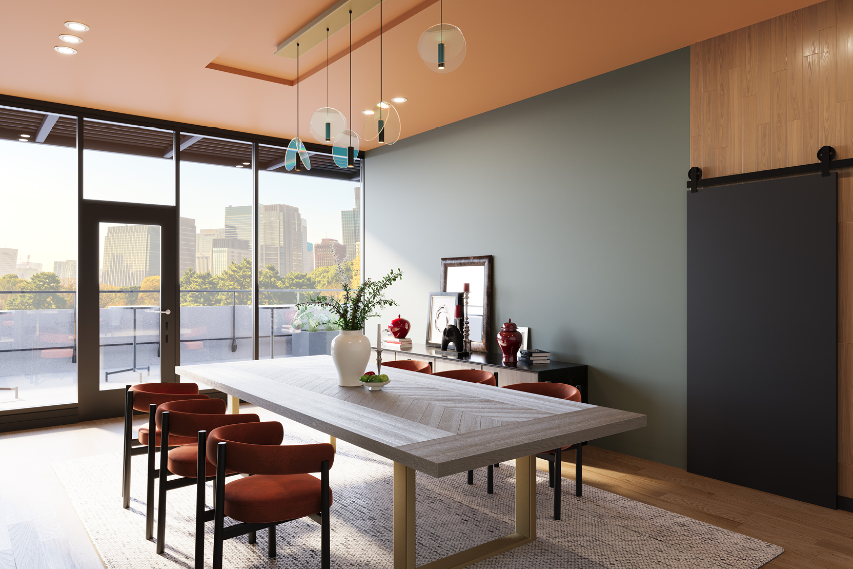 Fitness studio with treadmills and cardio equipment overlooking the city skyline.