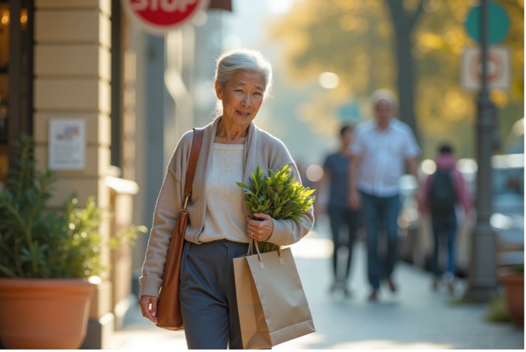 Older woman carrying groceries and flowers while walking along a neighbourhood street.