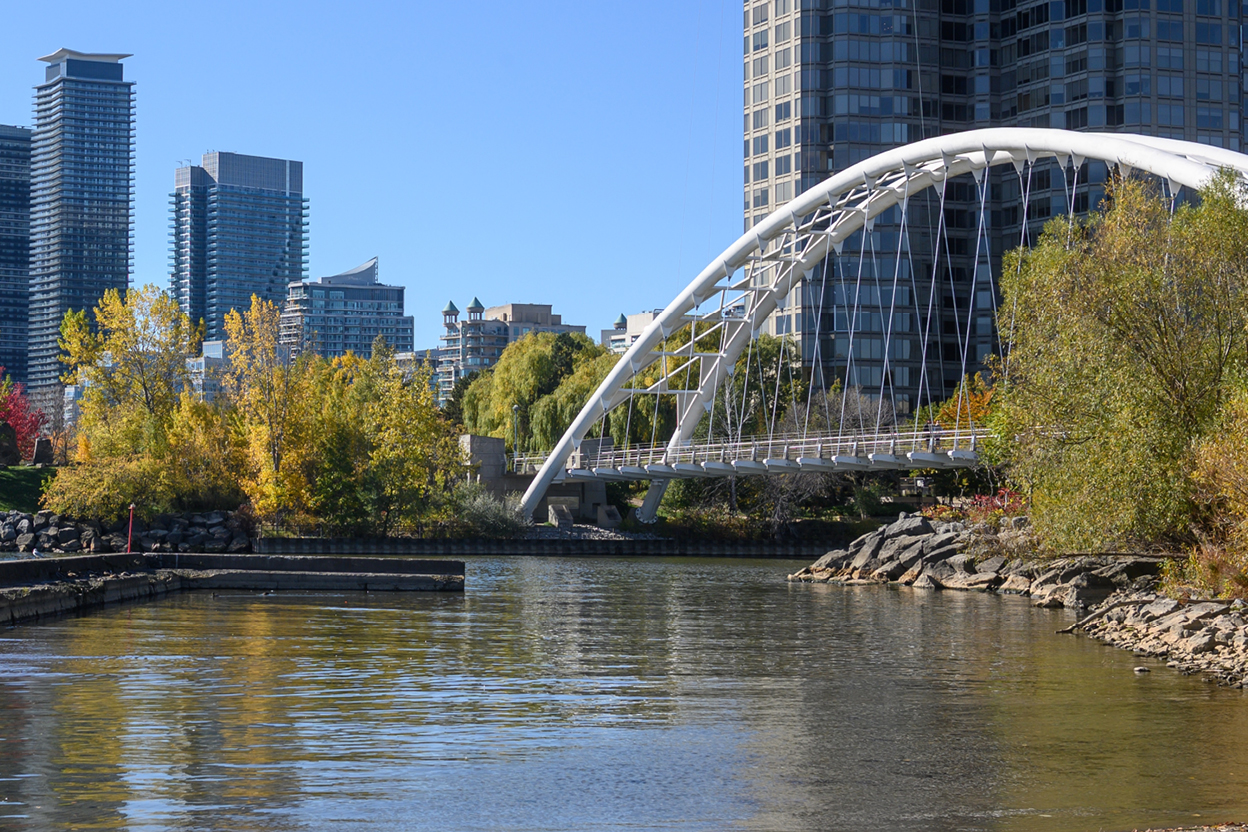 View of the Humber Bay Arch Bridge from Lake Ontario.