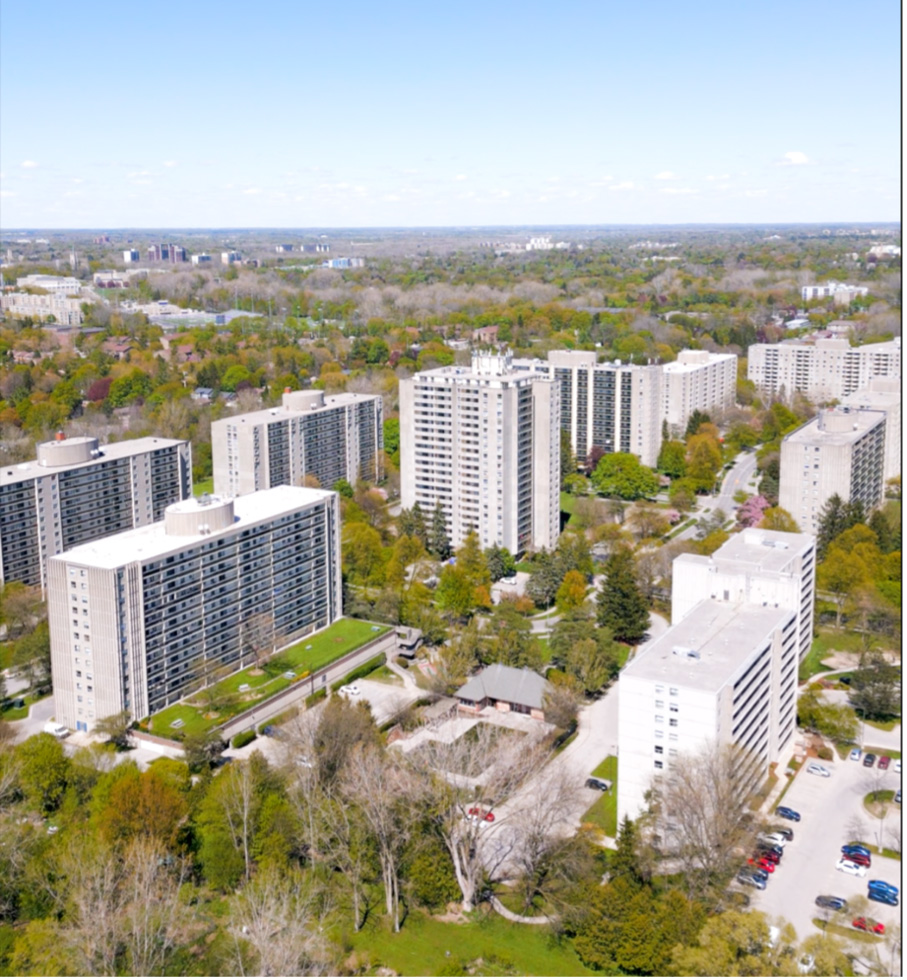 Bird’s-eye view of Cherryhill Village in London, Ontario.