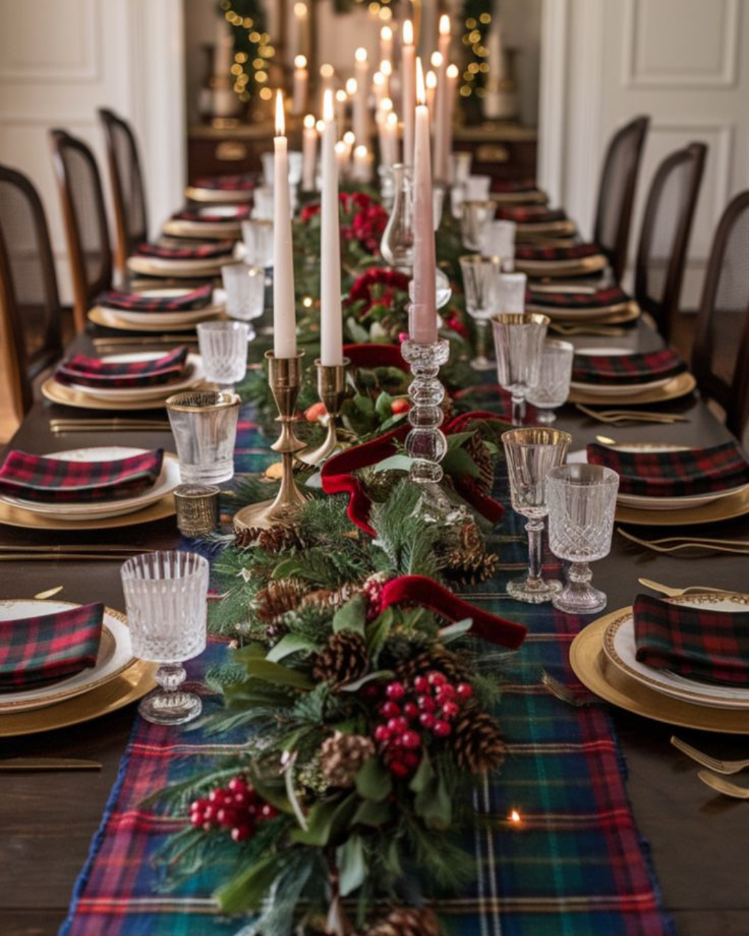 Holiday dining table set in Ralph Lauren Christmas aesthetic with tartan accents, red bows, pinecones, and glowing candles in a cozy apartment setting.