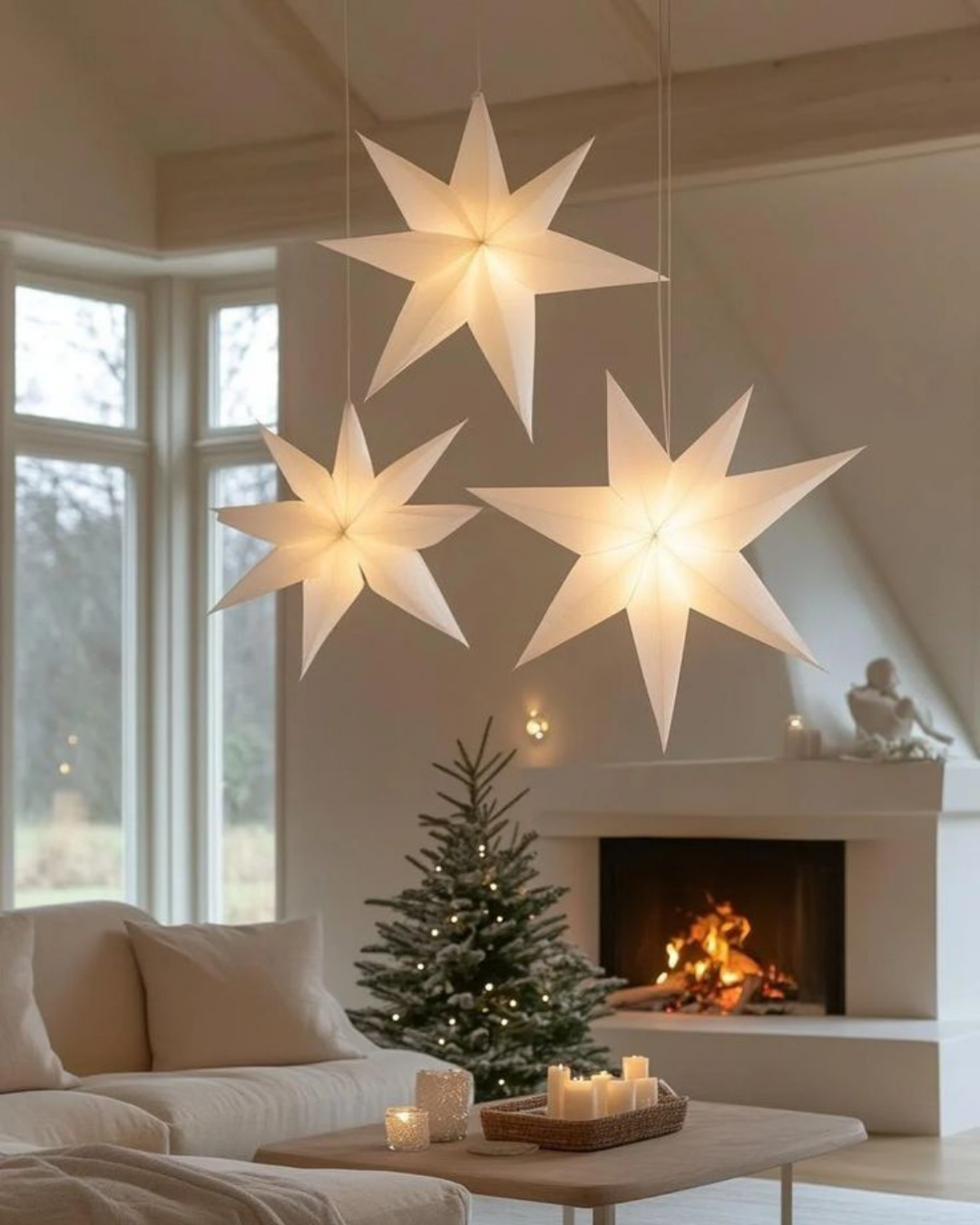 Cozy living room decorated for the holidays in a luxury apartment, with glowing star lanterns, a minimalist Christmas tree, and soft ambient lighting.