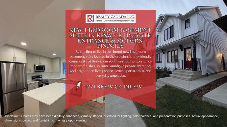 (PN 1169-2) Brand New 1-Bedroom Basement Suite with Private Entrance in Keswick SW Edmonton