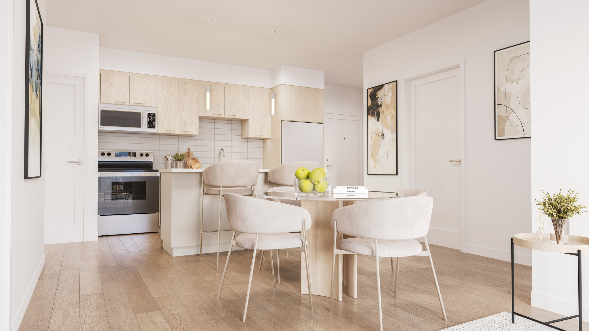 Quartz kitchen with stainless appliances