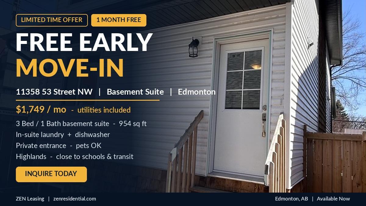 SF236 | 1 MONTH FREE | Spacious 3 Bedroom Basement Suite – Highlands