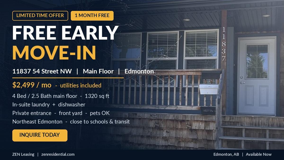 SF214 | 1 Month Free – Spacious 4 Bedroom Main Floor Home – Northwest Edmonton