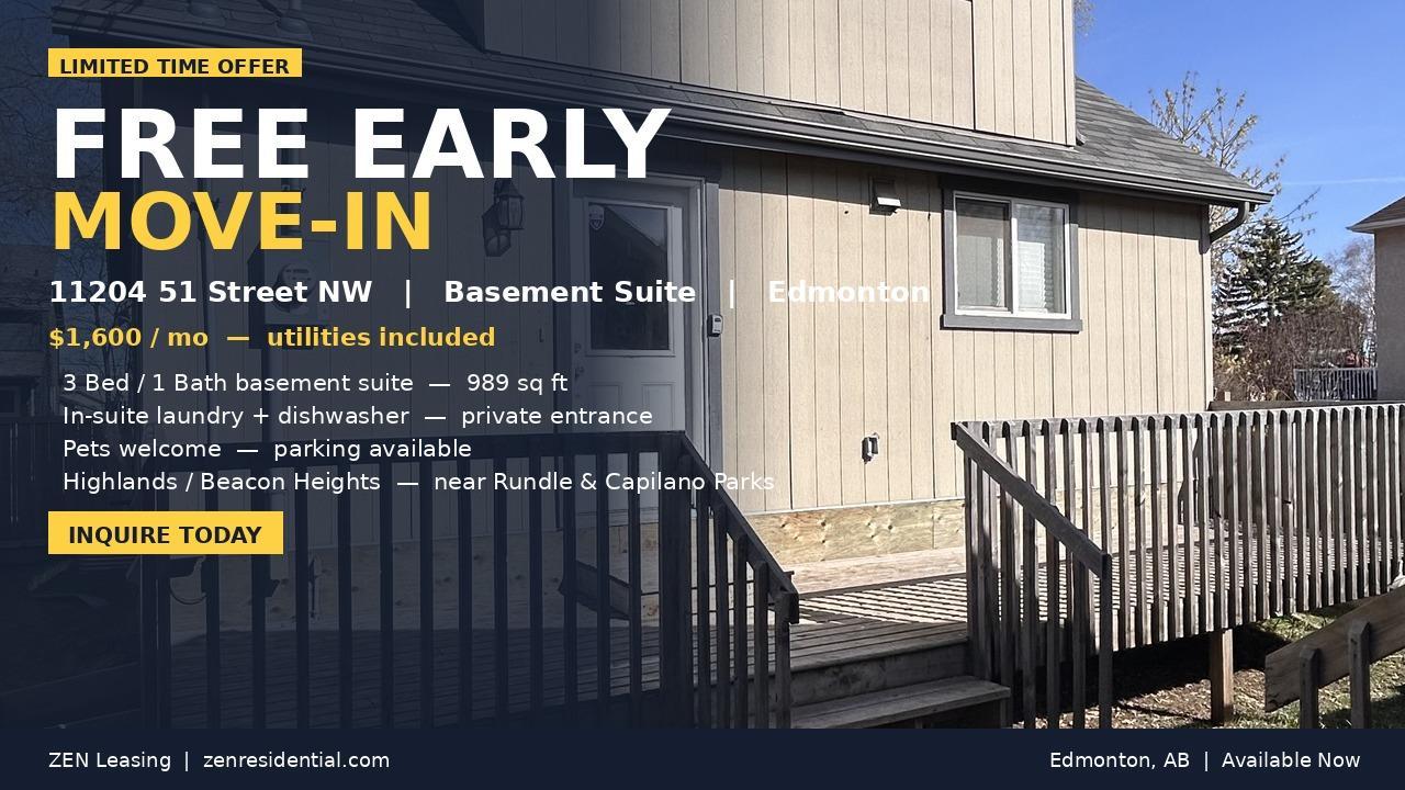SF208 | 1 Month Free – Spacious 3 Bedroom Basement Suite – North Edmonton