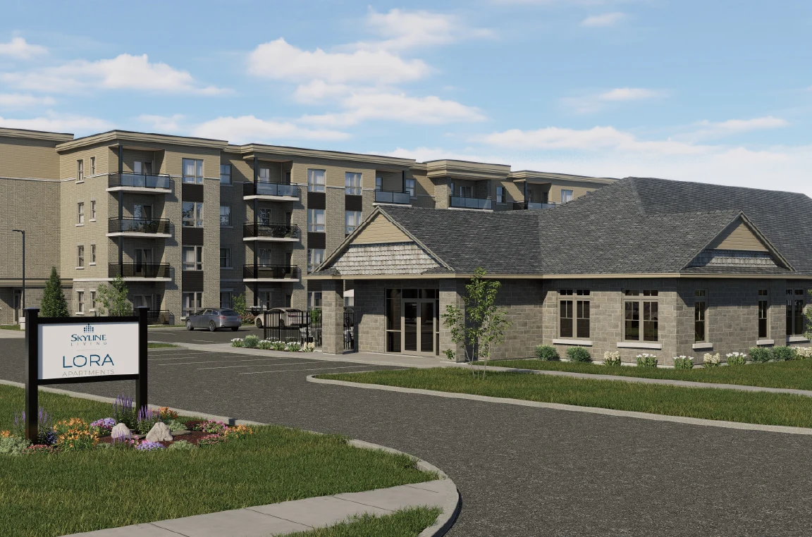Lora exterior: Rendering illustration of a four-storey apartment complex and amenity building.