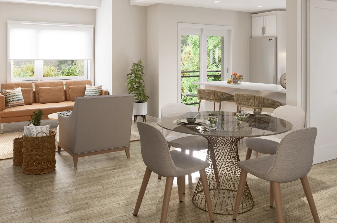 Lora interior: Rendering illustration of a brightly lit living room, dining, and kitchen area.