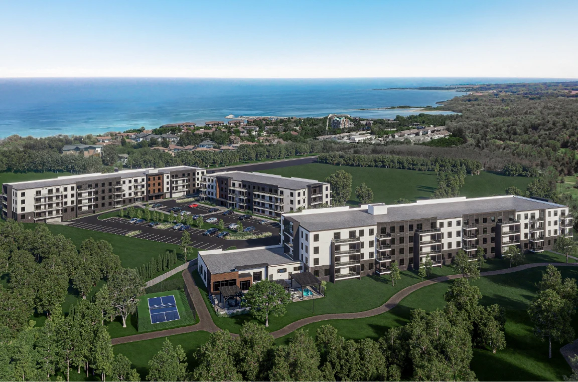 Silvercreek exterior: Rendering illustration of a four-storey apartment complex and amenity building with Georgian Bay in the background.
