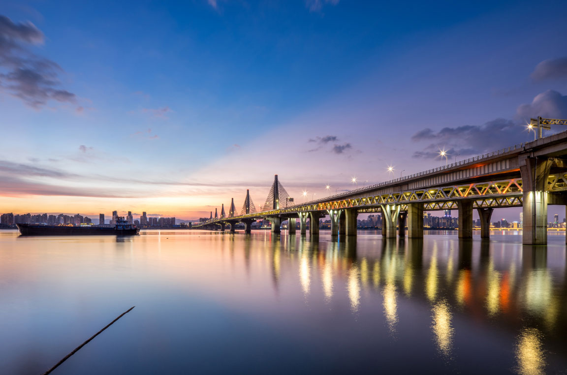 Blue Water Bridge over the Sarnia waterfront at sunset